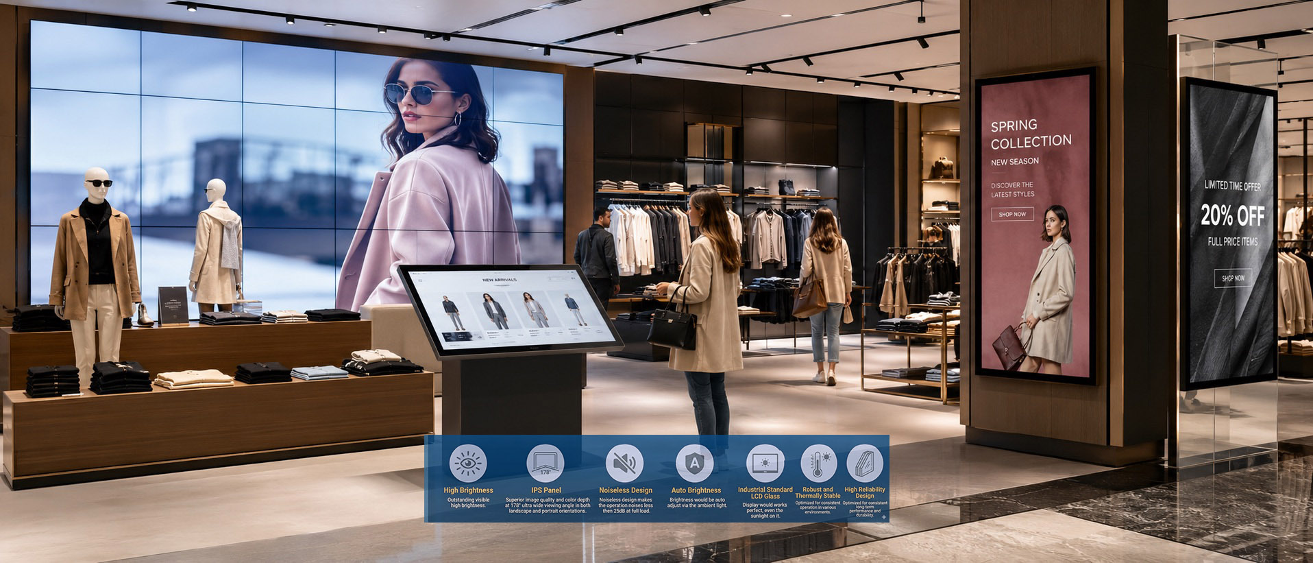 Commercial screens in a retail store — video wall, kiosk and digital posters